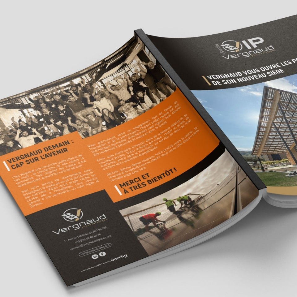 Composition graphique de brochure pour Vergnaud avec le collectif unithy